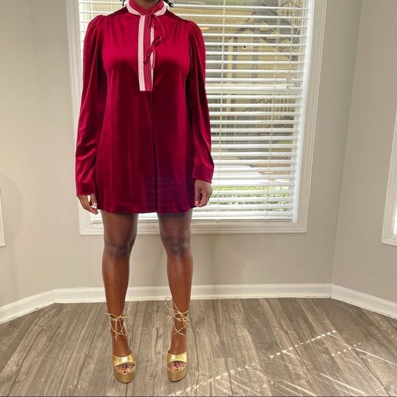 VINTAGE Barad & Co Velvet Velour Nightgown Tie Neck Puff Shoulder Mini Dress - Picture 2 of 16